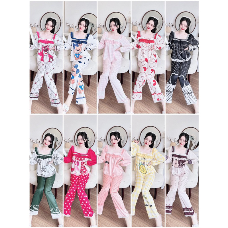 Đồ mặc nhà lụa mềm,mịn,mát,áo tay dài quần dài cổ vuông phối ren tiểu thư,size40-60kg