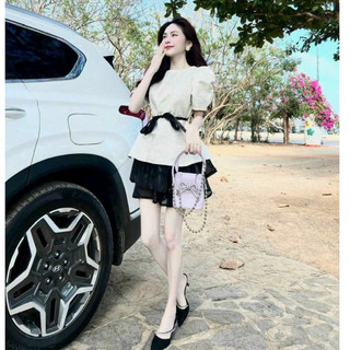 Set đồ nữ sang chảnh đi chơi chất lennin cổ tròn tay ngắn phồng thắt dây nơ eo quần đùi voan lưng thun có lót mini