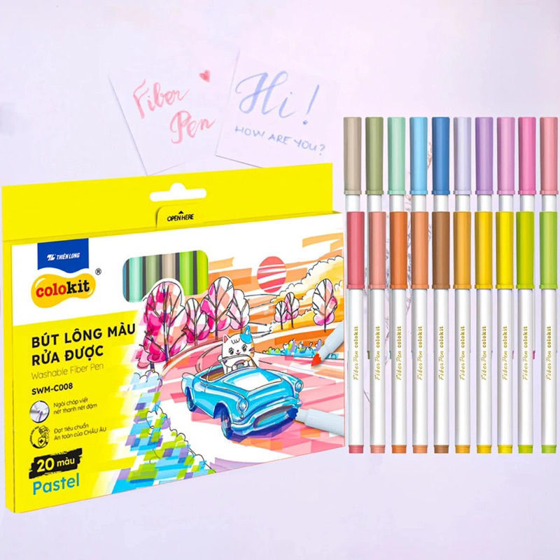 Bút lông 20 màu Pastel Washable Fiber Pen Thiên Long Colokit SWM-C008 - Bút lông màu rửa được