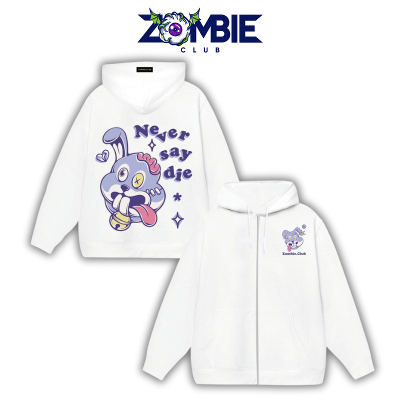 Áo hoodie zip Zombie Club Rabbit Typo form rộng unisex nam nữ vải nỉ bông cao cấp dày mịn không đổ lông HZB05
