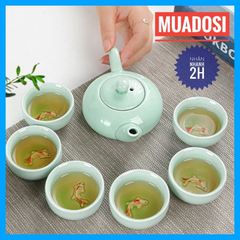 Bộ Ấm Trà Men Ngọc 6 Chén Hình Cá 3D Xinh Xắn