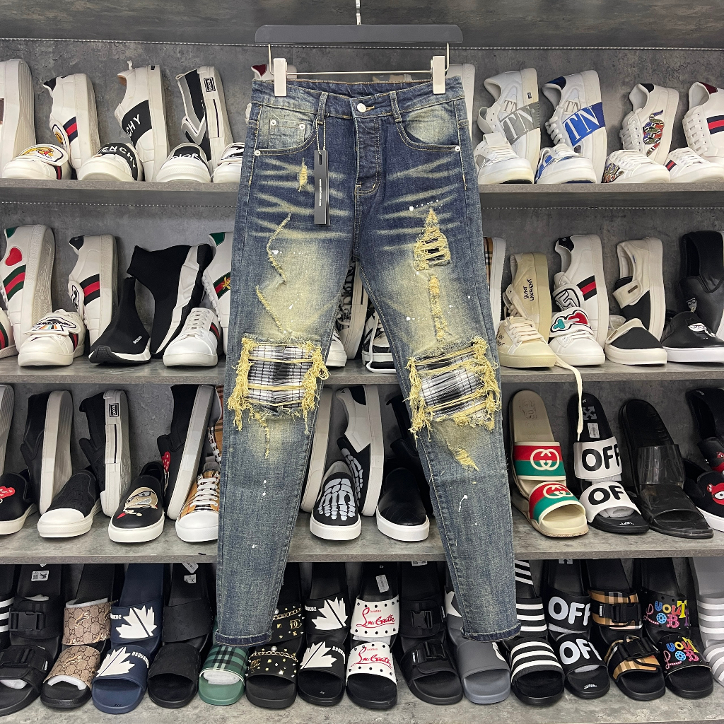 Quần jean nam xanh rách xù vàng vá nhăn sọc đen trắng slimfit amiri QJ272P