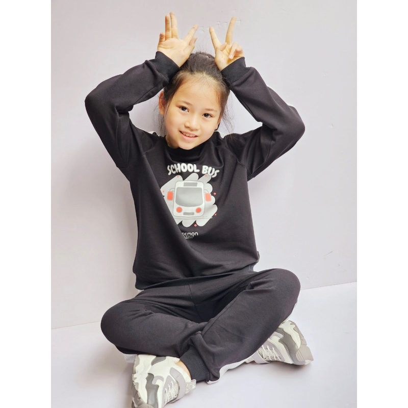 Bộ thu đông bé trai bé gái nỉ da cá Beemon hình xe Bus