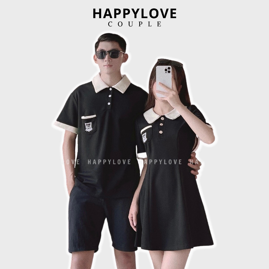 Set đồ đôi nam nữ couple áo váy cặp Polo mùa hè HAPPYLOVE màu đen thêu logo cao cấp M087