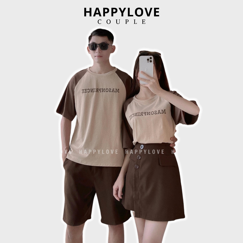 Set đồ đôi nam nữ couple hàn quốc HAPPYLOVE áo thun cặp mix chân váy quần nam màu nâu tây M081