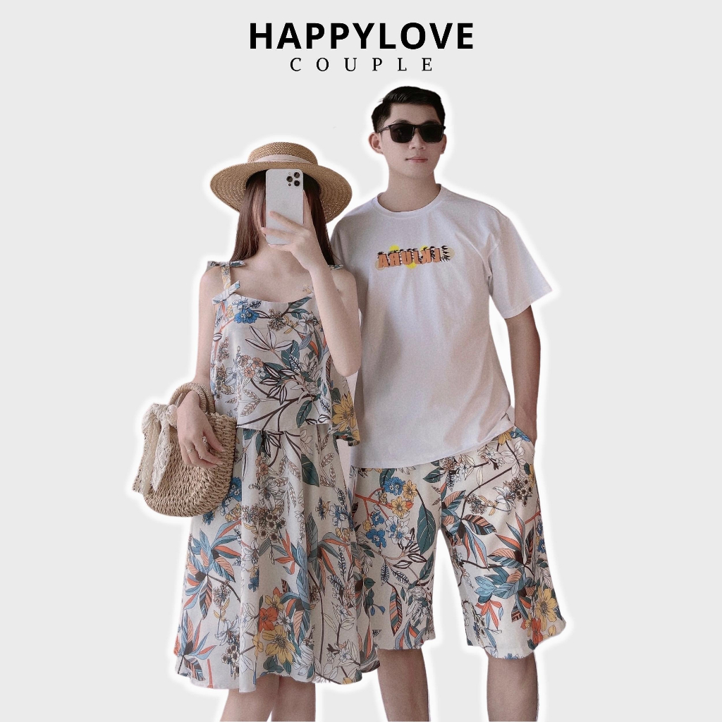 Đồ đôi nam nữ đi biển với người yêu HAPPYLOVE set bộ nam váy đầm nữ hai dây hai tầng hoạ tiết hoa lá cành M077