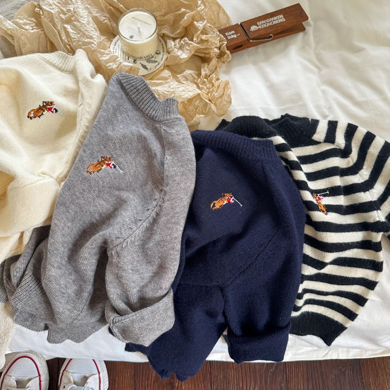 Áo len thêu ngựa EMBES KIDS , áo len bé trai 11kg đến 31kg