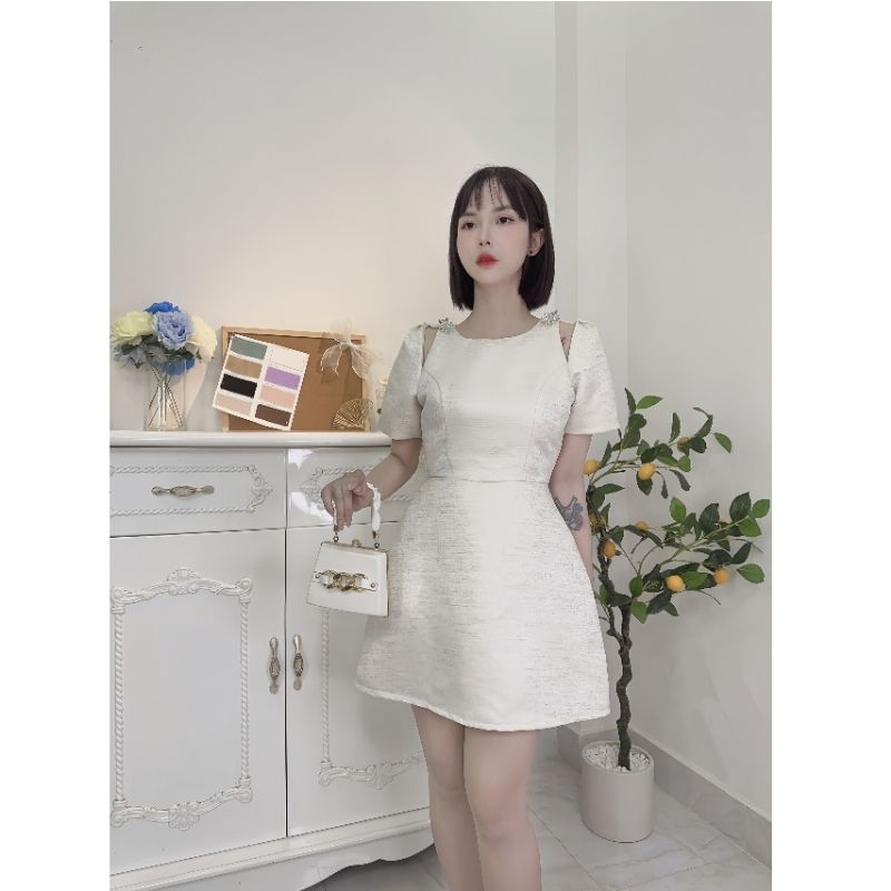 Váy dự tiệc gấm vân sang trọng tặng kèm 2 cài hoa đá