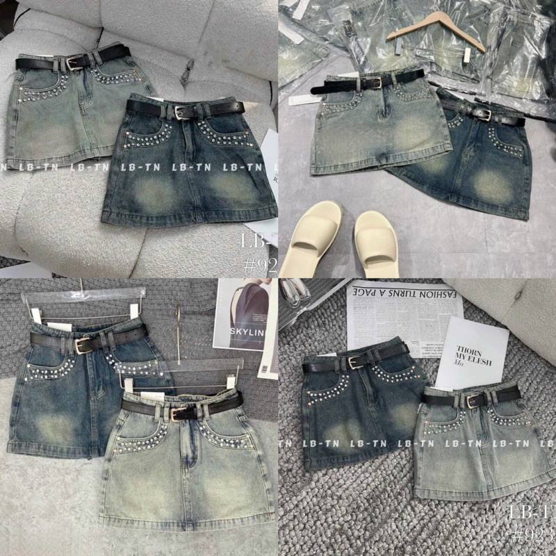 Chân Váy Jeans Ngắn Đính Đá Viền Túi