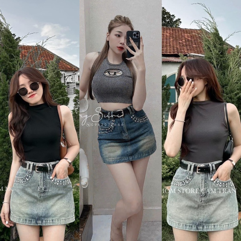 Chân Váy Jeans Ngắn Đính Đá Viền Túi