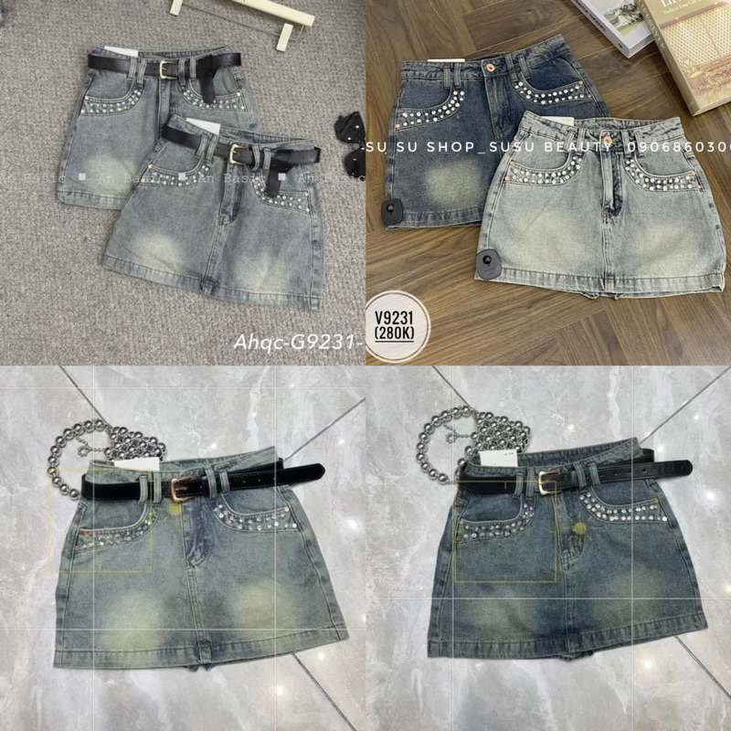 Chân Váy Jeans Ngắn Đính Đá Viền Túi