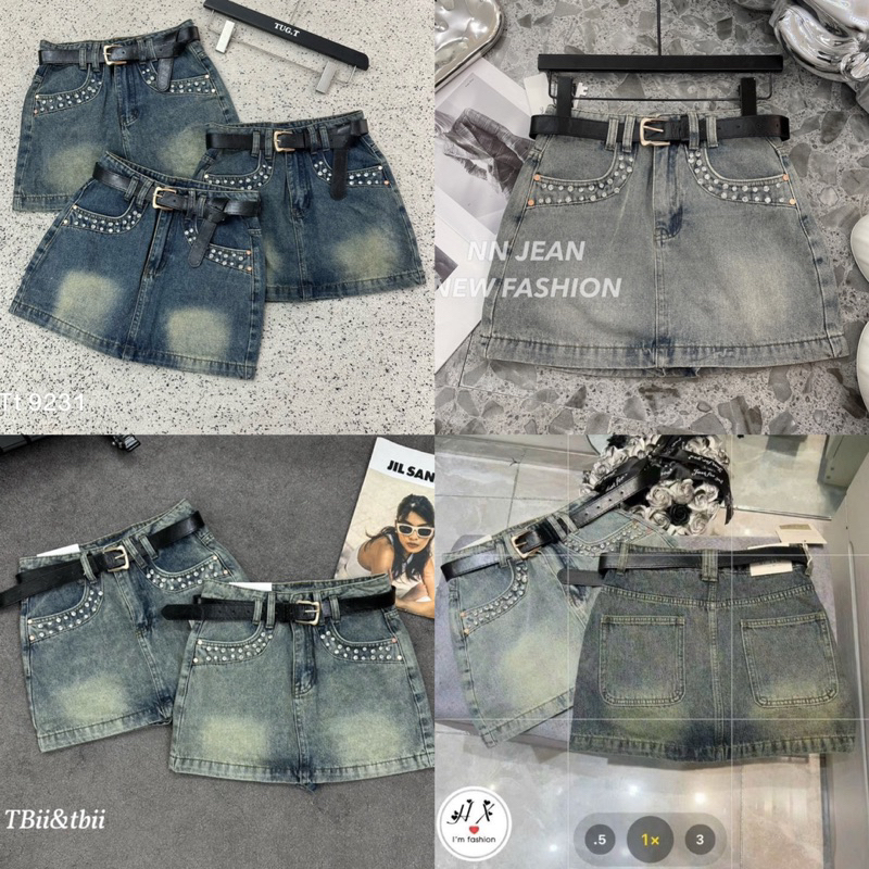 Chân Váy Jeans Ngắn Đính Đá Viền Túi