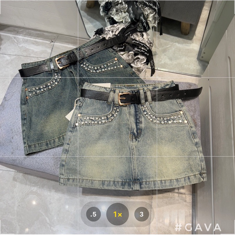 Chân Váy Jeans Ngắn Đính Đá Viền Túi