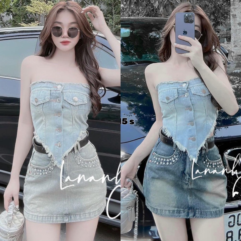 Chân Váy Jeans Ngắn Đính Đá Viền Túi