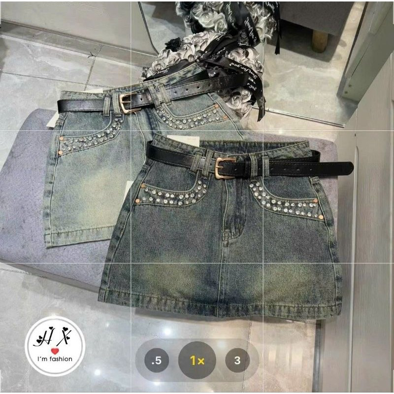 Chân Váy Jeans Ngắn Đính Đá Viền Túi