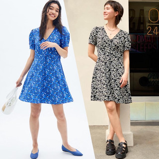 Đầm sơ mi hoa nhí cổ tim ngắn tay mini xinh xắn, dễ thương Vintage của GU - Nhật Bản