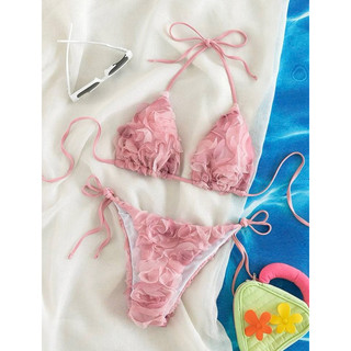 Set Bikini 2 mảnh tam giác hoa hồng nổi Barbiecore