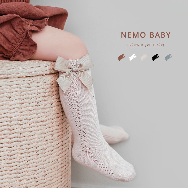 Tất lưới cotton cho bé đến đầu gối chất mỏng nhẹ phối nơ điệu đà, tất cao cổ bé gái