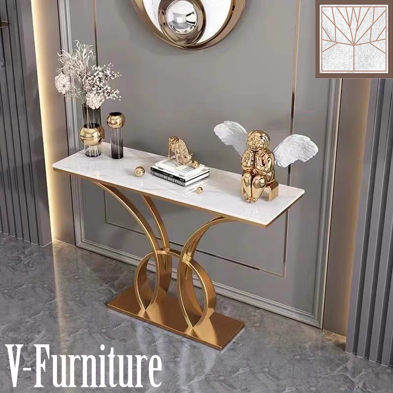 Kệ đứng, bàn console trang trí phòng khách, cạnh cửa nhà mặt đá chữ nhật chân kim loại kiểu chữ H cách điệu BC-24
