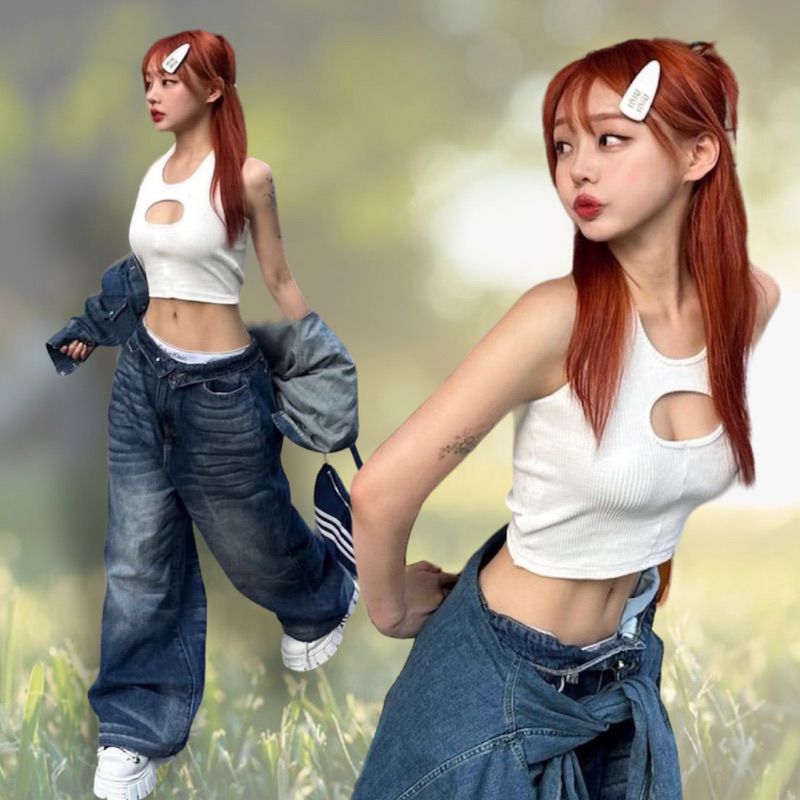 Croptop thun gân cutout đen trắng sexy