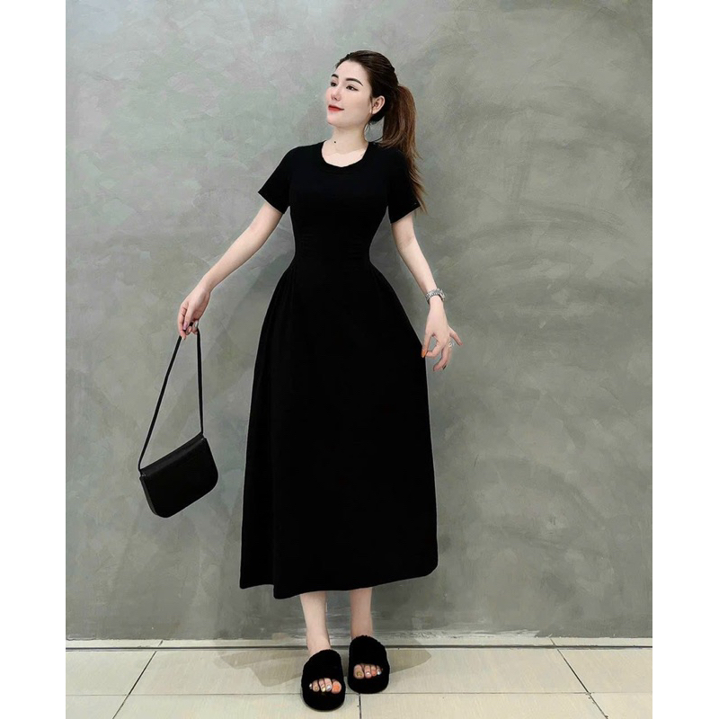 Đầm đen thời trang nữ mặc đi chơi chất vải thun gân dáng váy dài xoè