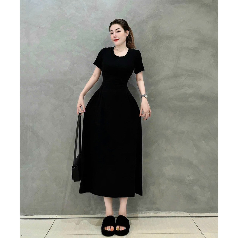 Đầm đen thời trang nữ mặc đi chơi chất vải thun gân dáng váy dài xoè