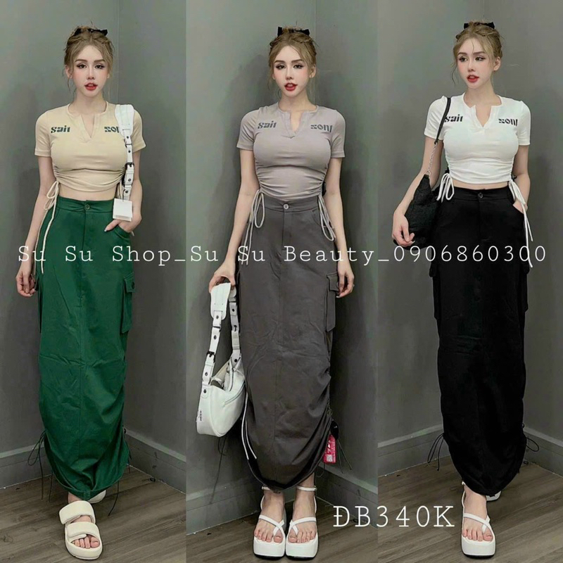 Set váy kaki suông dài dây rút có túi mix kèm áo ôm croptop chất vải borip thời trang mặc đi chơi cá tính