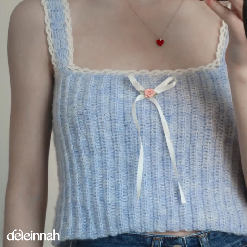 𝐁𝐀𝐒𝐈𝐂 𝐌𝐎𝐇𝐀𝐈𝐑 𝐂𝐑𝐎𝐂𝐇𝐄𝐓 𝐓𝐎𝐏 I Áo len mohair dáng basic gắn ruy băng hoa hồng nhỏ