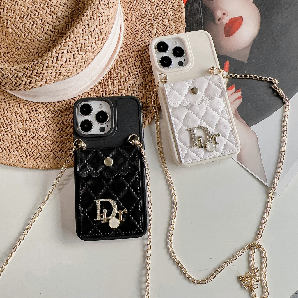 Ốp lưng iPhone, lưng da kèm ví cài thẻ đính đá Dior, iPhone X Xs Max, iPhone 11 12 13 Pro Max