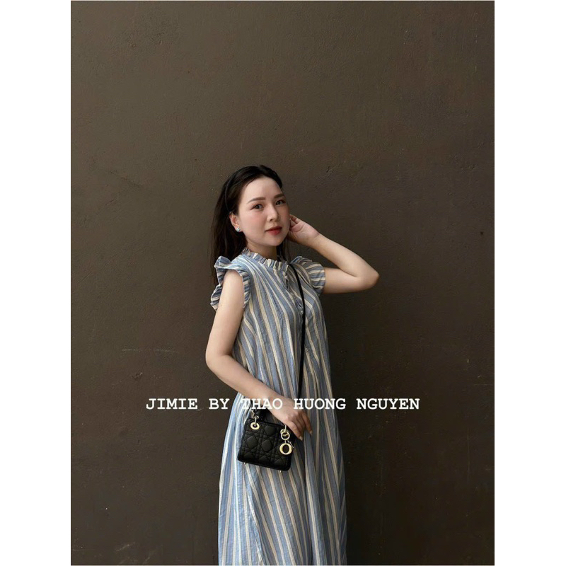 🌸 FREESHIP 25k🌸 VÁY SUÔNG ĐŨI KẺ XANH TAY XẾP BÈO
