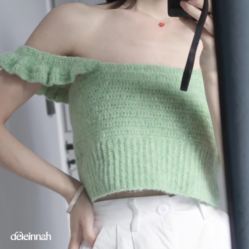 𝐌𝐎𝐇𝐀𝐈𝐑 𝐑𝐔𝐅𝐅𝐋𝐄 𝐂𝐑𝐎𝐂𝐇𝐄𝐓 𝐓𝐎𝐏 I Áo len mohair dây bèo màu xanh lá dịu dàng nữ tính