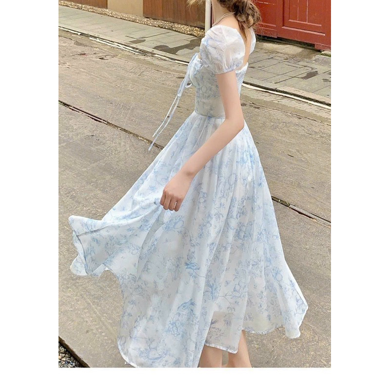 Đầm xoè TRIPBLE T DRESS midi voan hoa nhí tay con - Free size dưới 54kg