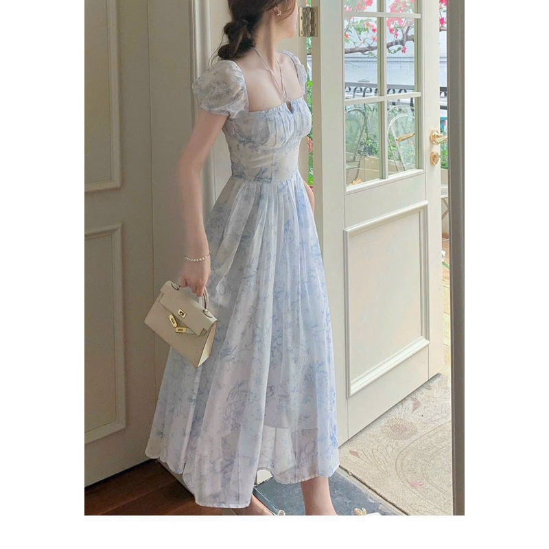 Đầm xoè TRIPBLE T DRESS midi voan hoa nhí tay con - Free size dưới 54kg