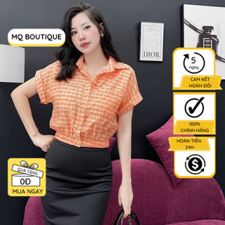 Áo lụa cộc tay cánh dơi nữ bo gấu cao cấp công sở có túi 2 bên họa tiết chữ nhỏ, áo sơ mi thiết kế MQ Boutique
