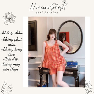Đồ bộ mặc nhà thoáng mát chất vải lụa đùi phối sọc caro vải hàn mềm mát dễ thương