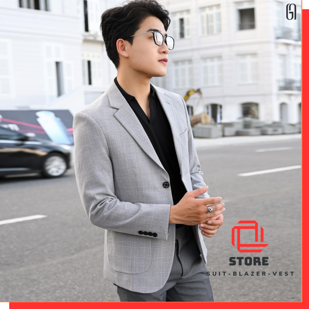 Áo Khoác Vest Blazer Nam Kẻ Caro Trắng Đen Túi Ôp Cao Cấp trẻ trung phong cách Hàn Quốc - Q&Q STORE