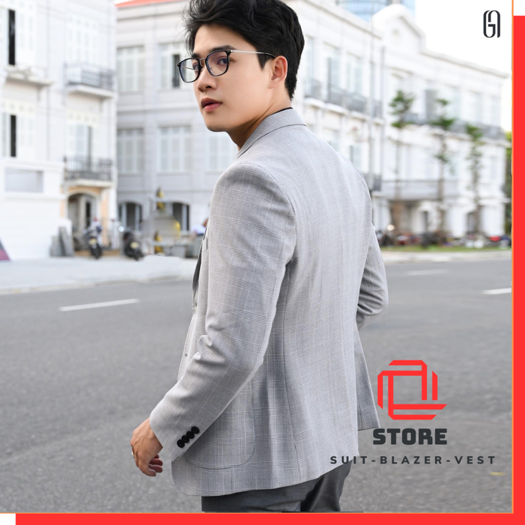 Áo Khoác Vest Blazer Nam Kẻ Caro Trắng Đen Túi Ôp Cao Cấp trẻ trung phong cách Hàn Quốc - Q&Q STORE