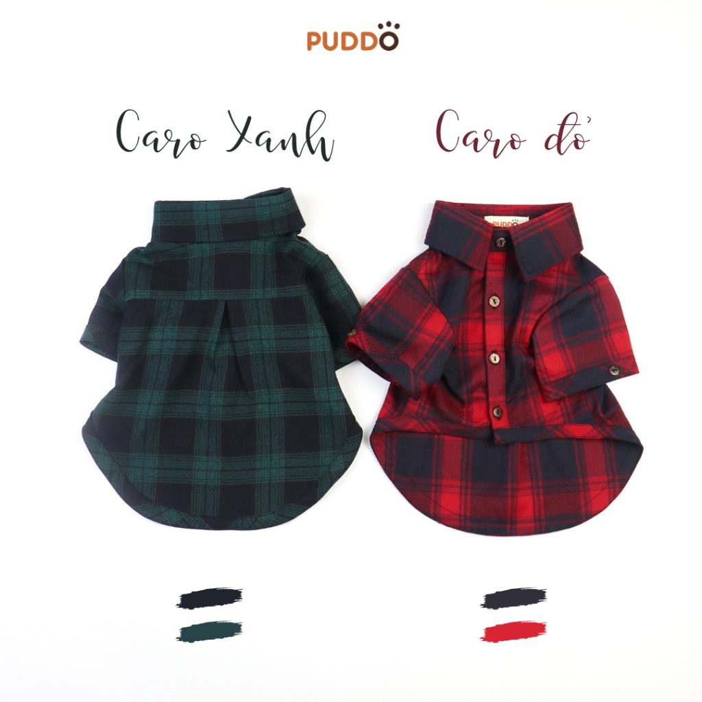 Áo sơ mi thú cưng PUDDO kẻ caro màu đỏ/xanh - Button Down Shirt