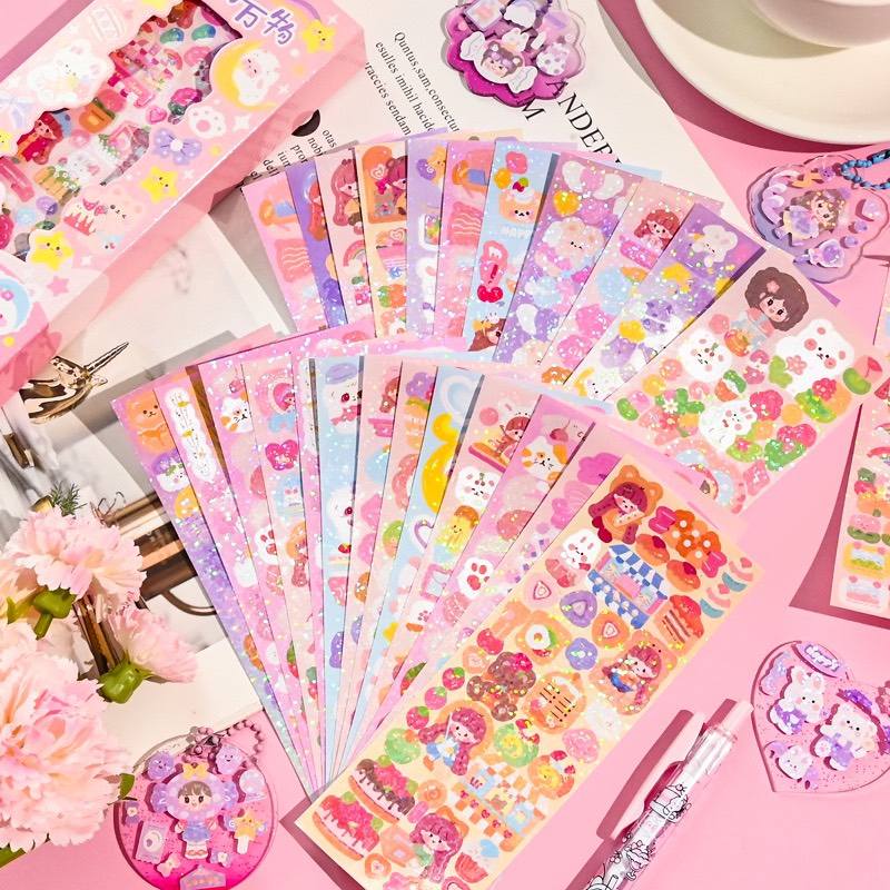 Set 50 tấm sticker lấp lánh trang trí top laptop móc khóa vở tập dụng cụ học tập siêu cute