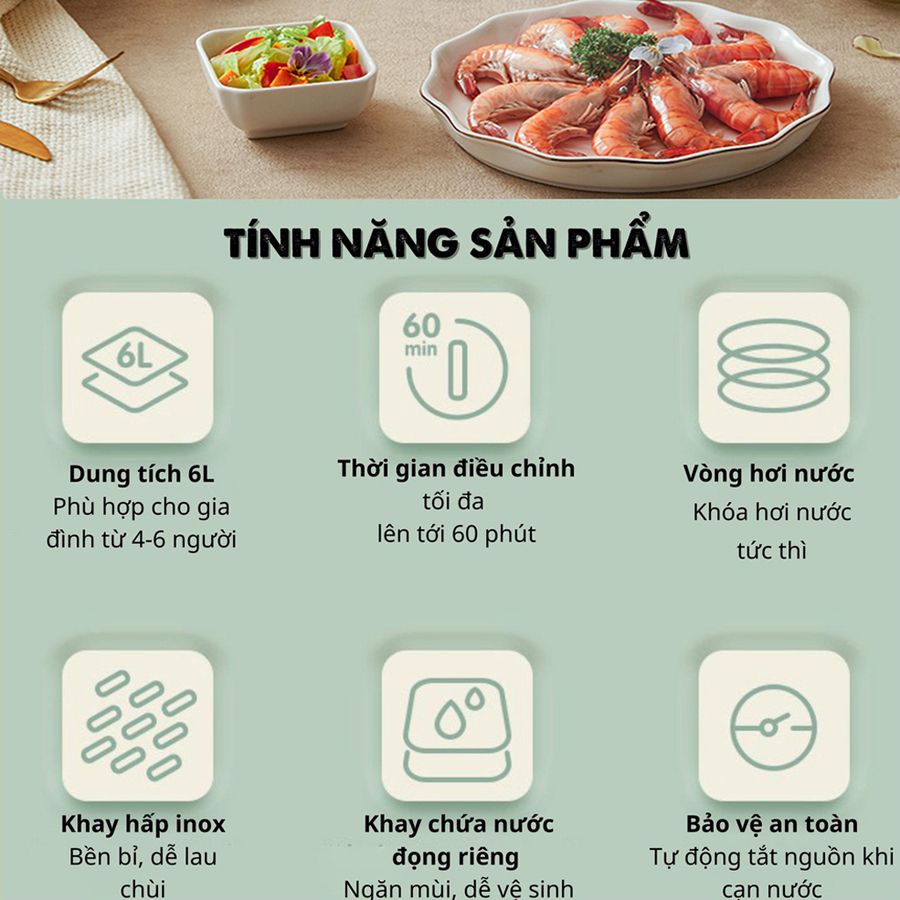 Nồi Hấp Hai Tầng Bear DZG-C60W9 Chính Hãng Dung tích 6L- Bảo Hành 12 Tháng