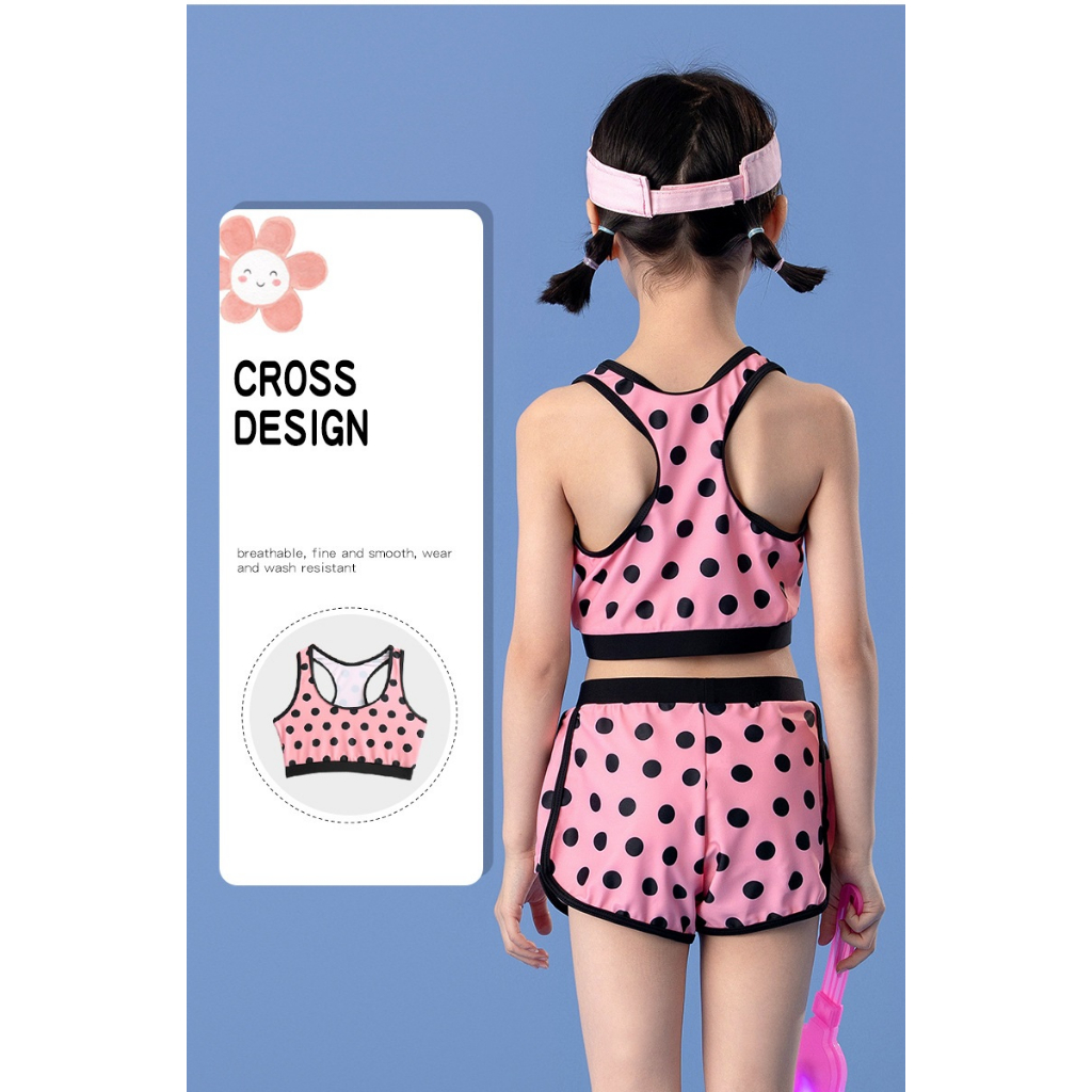 Đồ Bơi Bé Gái Set 3 Chi Tiết  Hoạ Tiết Mèo Chấm Bi Dễ Thương Cho Bé Từ 2 Tuổi đến 9 Tuổi - Bộ Đồ Bơi Trẻ Em