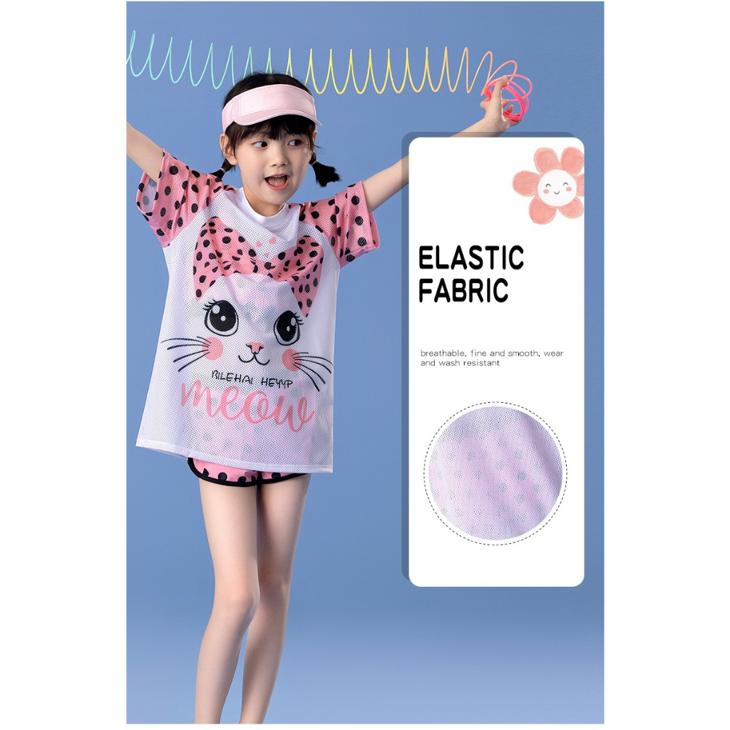 Đồ Bơi Bé Gái Set 3 Chi Tiết  Hoạ Tiết Mèo Chấm Bi Dễ Thương Cho Bé Từ 2 Tuổi đến 9 Tuổi - Bộ Đồ Bơi Trẻ Em