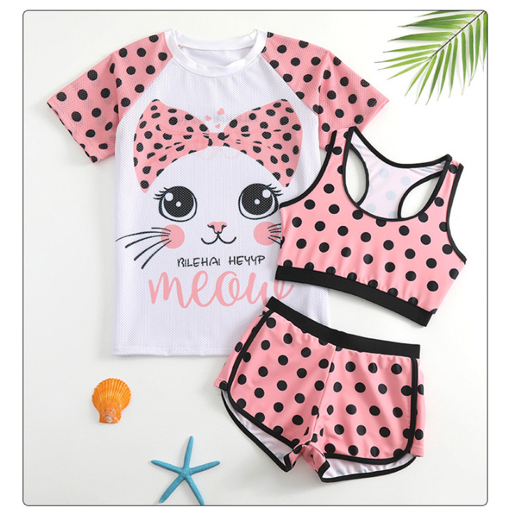 Đồ Bơi Bé Gái Set 3 Chi Tiết  Hoạ Tiết Mèo Chấm Bi Dễ Thương Cho Bé Từ 2 Tuổi đến 9 Tuổi - Bộ Đồ Bơi Trẻ Em