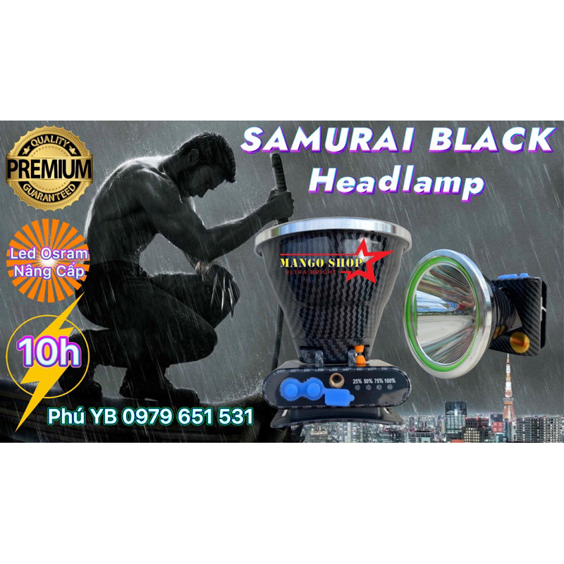 (CỰC SÁNG, LED OSRAM NÂNG CẤP) Đèn Đội Đầu Samurai Black Vỏ Carbon Đẳng Cấp