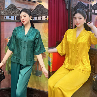 Bộ đi lễ chùa nữ - áo lam đi lễ chùa bộ lụa vân hàng thiết kế cao cấp và sang trọng