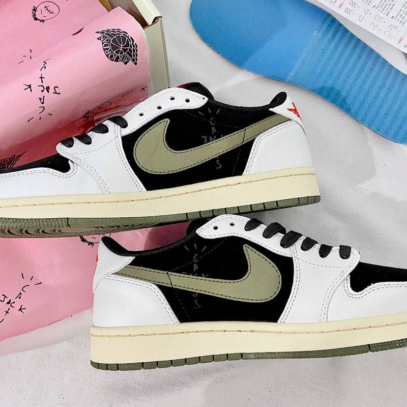 Giày Thể Thao Travis Scott x Air Jordan 1 Low "Olive" Màu Trắng Kem Đen