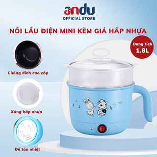 Nồi Nấu Mì, Nấu Cơm Đa Năng Có Tay Cầm 1,8L - Ca Nấu Lẩu Mini Kèm Giá Hấp + 1 Khay Luộc Trứng Siêu Tiện Dụng