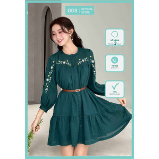 Đầm 2 lớp ODS thiết kế, thêu nhành hoa cúc dọc tay, cổ tròn, thời trang, tôn dáng - SIA32