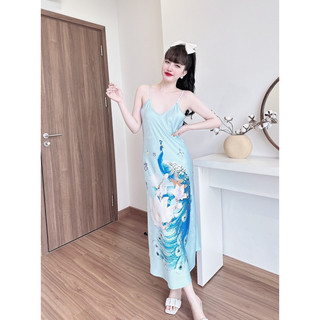 Váy Ngủ Lụa Trúc My 2 Dây < 60kg, vải latin cao cấp in thiết kế, tăng kim loại