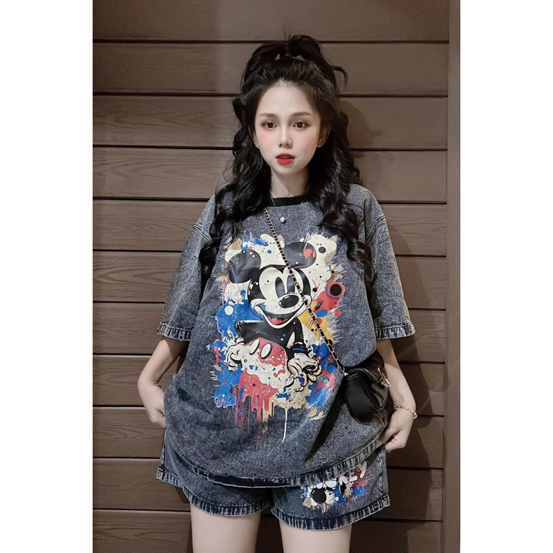 Sét jean mềm bo cổ in mickey 5D nét